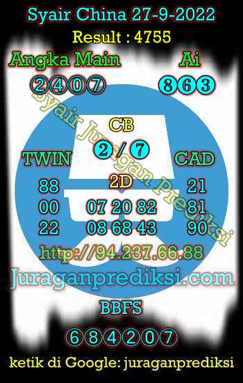 Prediksi Syair China 27 September 2022 dan Kode Syair China hari ini adalah Bocoran China serta Prediksi china akurat Selasa 27-9-2022. Prediksi togel china 4d hari ini kami ambil dari syair china Selasa 27 September 2022.