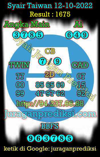 Prediksi Syair Taiwan 12 Oktober 2022. Berikut ini adalah prediksi Taiwan, Angka keluar taiwan, Toto Jitu Taiwan dan Syair jitu Taiwan malam ini Rabu 12 Oktober 2022